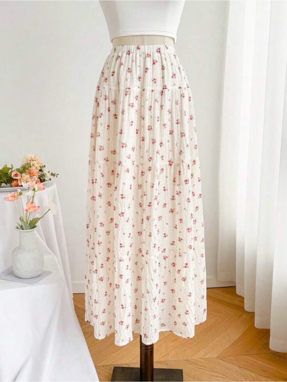 Women's White Maxi Skirt with Pink Floral Print